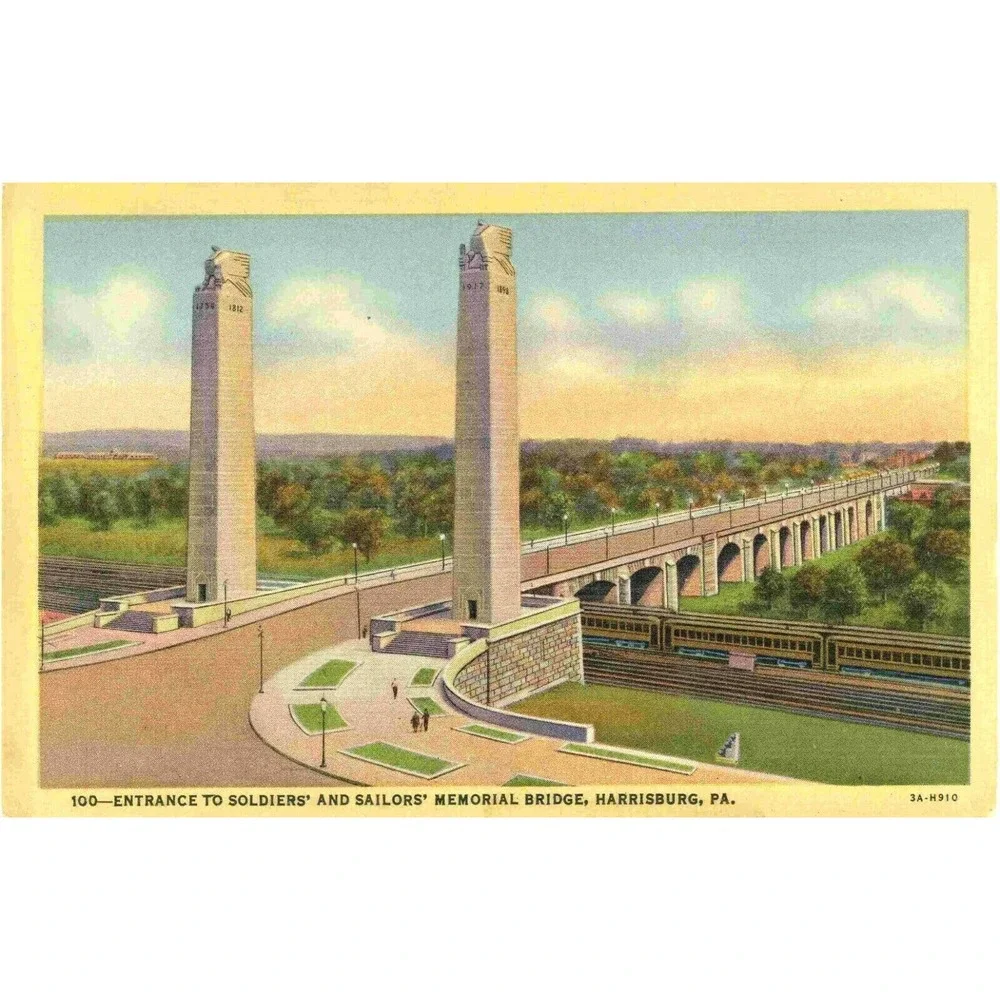 Vintage Postcard Harrisburg PA Soldiers Sailors Memorial Bridge USA Curteich‎